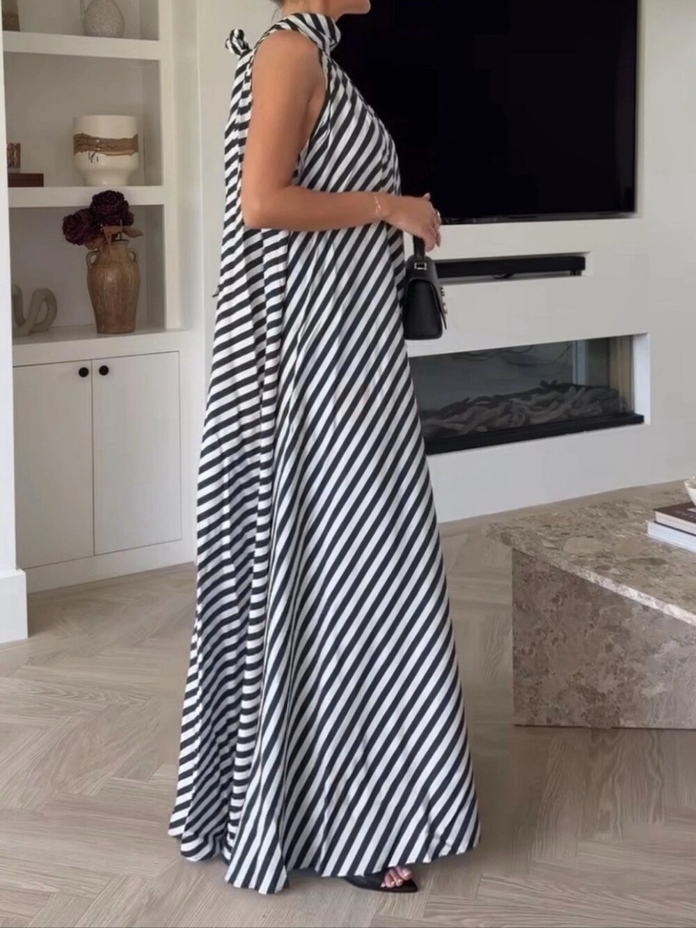 H&M Tie-detail A-line Maxi Dress Navy Blue White Striped Bnwt - Picture 15 of 15